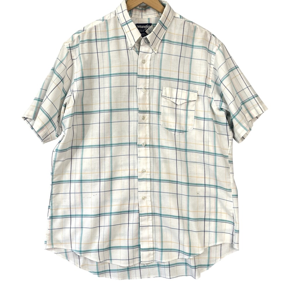 Vtg Wrangler Western White Blue Plaid Button up Shirt Mens Size 17.5 Cowboy Cut